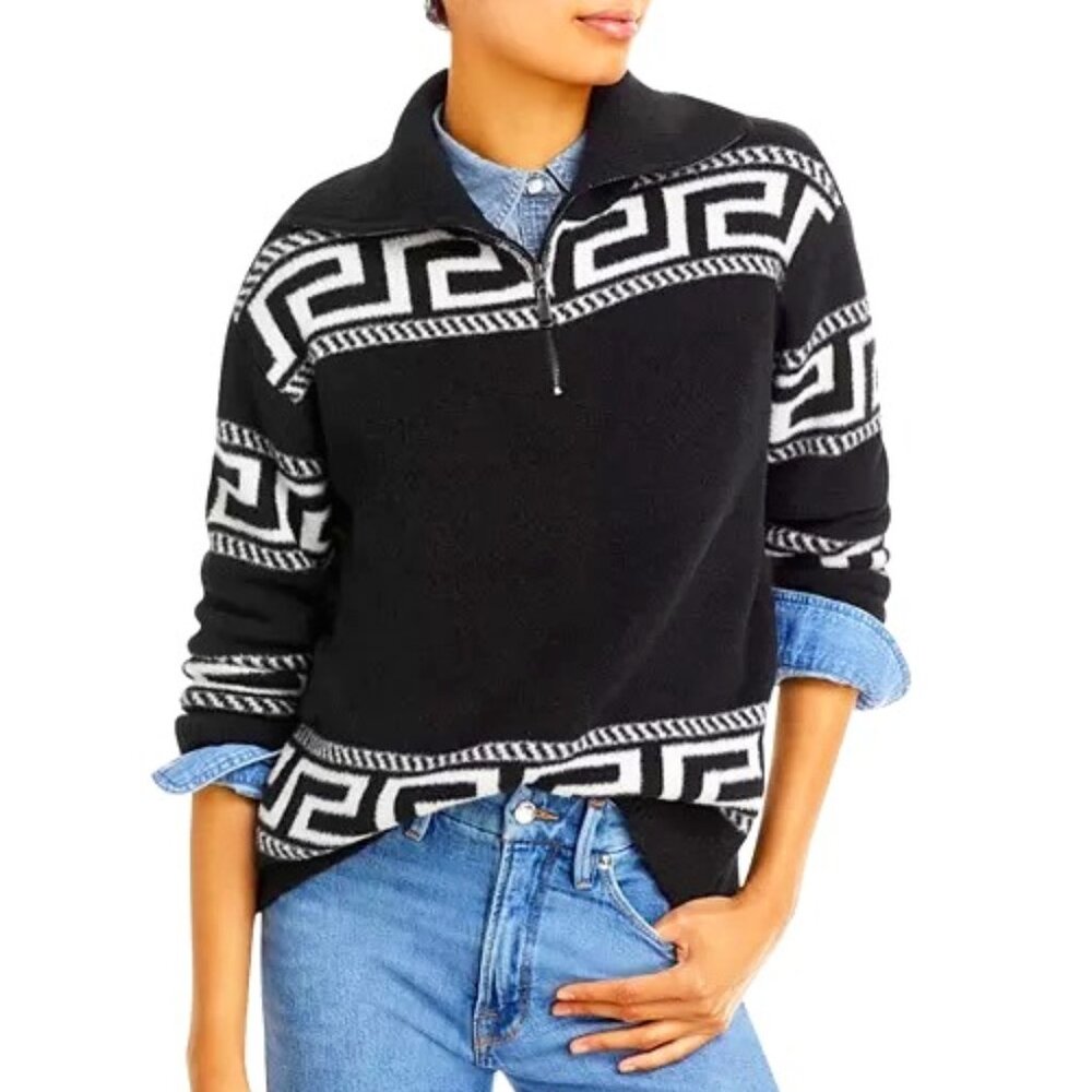 AQUA Quarter Zip Pullover Sweater Black White Bloomingdale's Exclusive Women's M